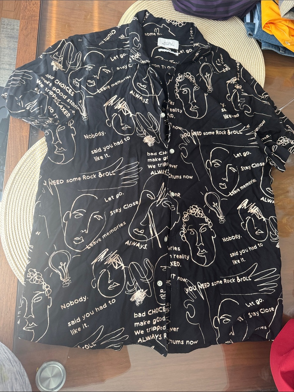 Men's Black Graphic Button-Up Shirt with White Line Art
